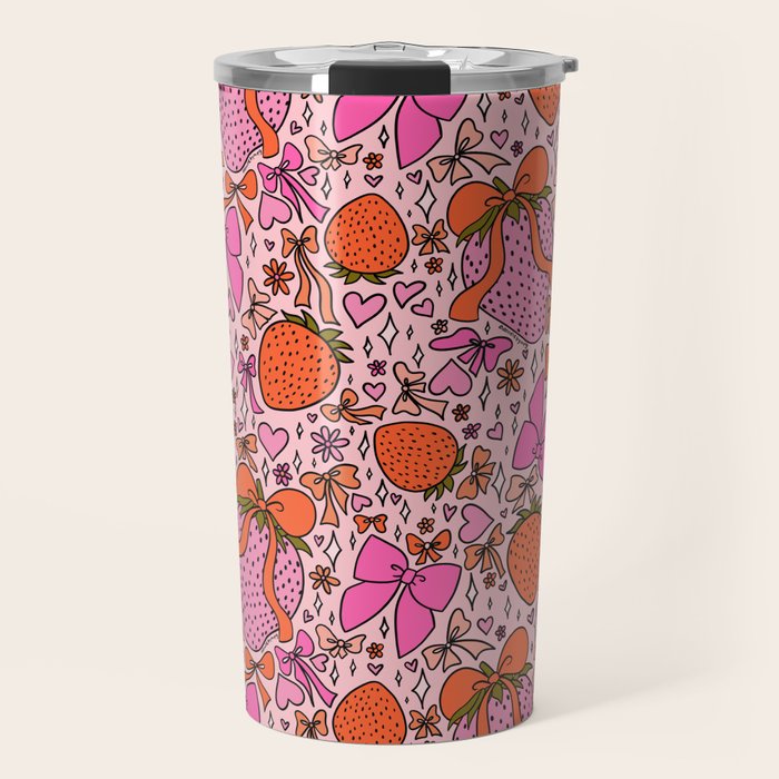 Strawberries and Bows Print Travel Mug Gallery Image 1