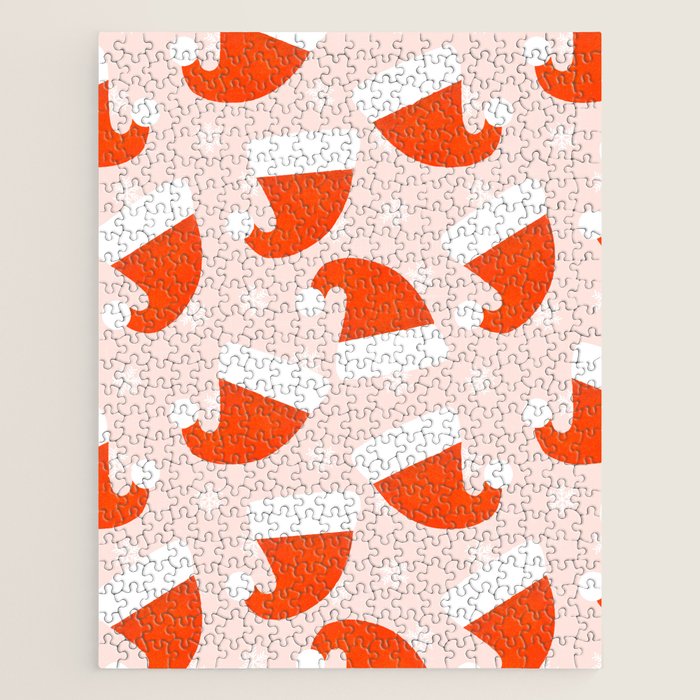 Santa Hats and Snowflakes on Pink Background Jigsaw Puzzle Gallery Image 1