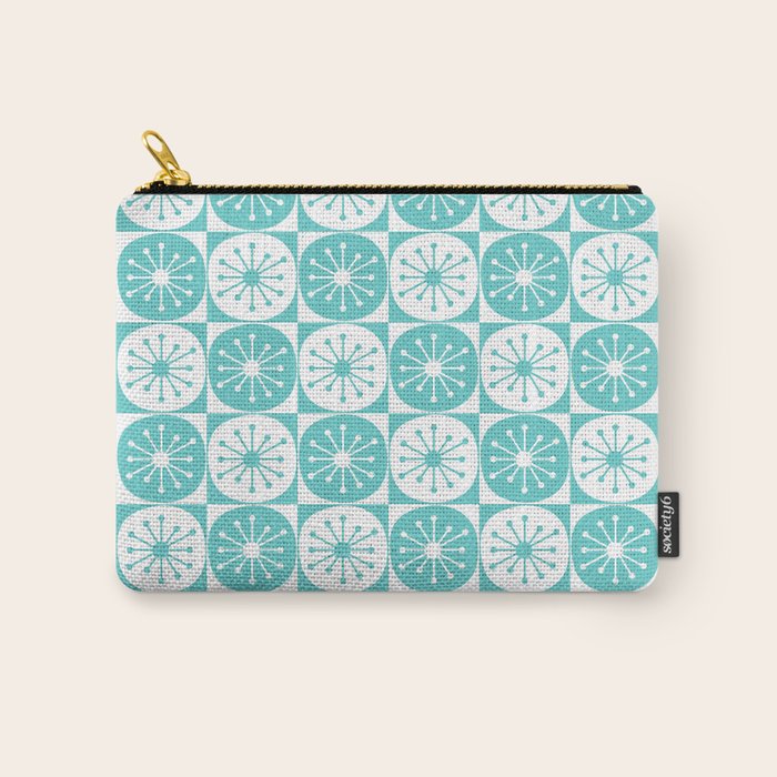 Mid Century Modern Retro Checkered Atomic Dots Pattern in Medium Turquoise and White Carry All Pouch Gallery Image 1