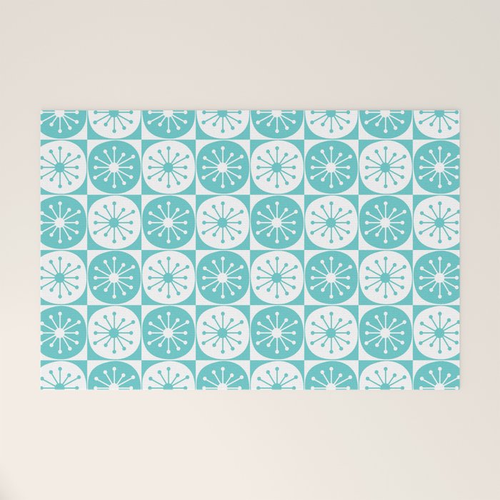 Mid Century Modern Retro Checkered Atomic Dots Pattern in Medium Turquoise and White Welcome Mat Gallery Image 1