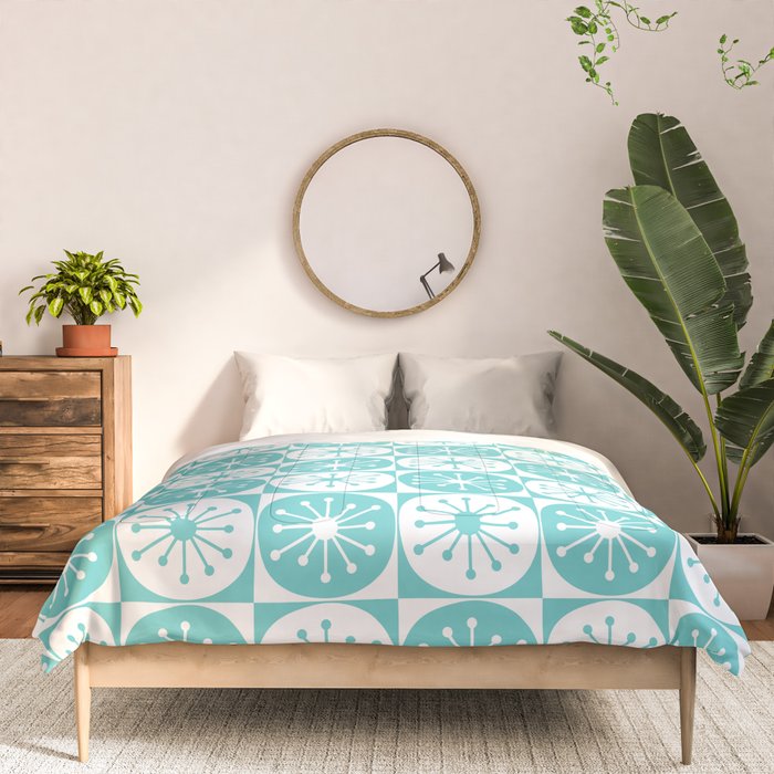 Mid Century Modern Retro Checkered Atomic Dots Pattern in Medium Turquoise and White Comforter Gallery Image 3