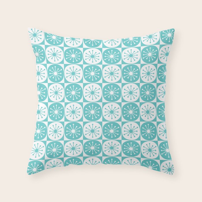 Mid Century Modern Retro Checkered Atomic Dots Pattern in Medium Turquoise and White Throw Pillow Gallery Image 6