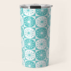 Mid Century Modern Retro Checkered Atomic Dots Pattern in Medium Turquoise and White Travel Mug Gallery Image 1