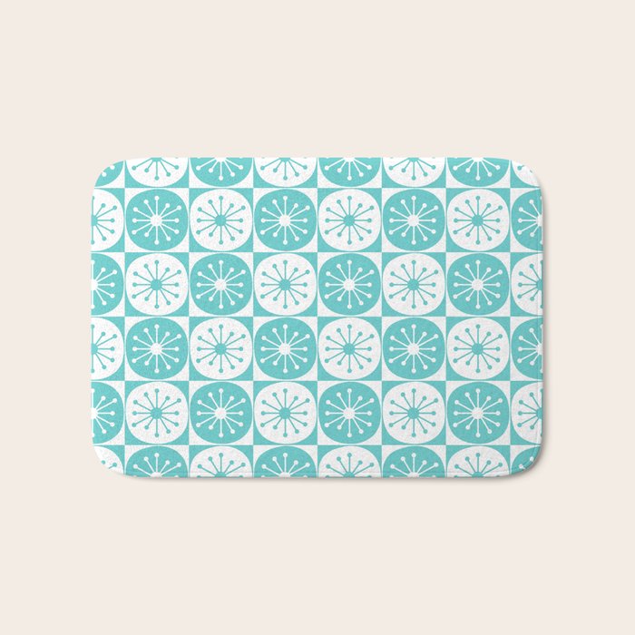 Mid Century Modern Retro Checkered Atomic Dots Pattern in Medium Turquoise and White Bath Mat Gallery Image 1