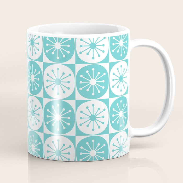 Mid Century Modern Retro Checkered Atomic Dots Pattern in Medium Turquoise and White Coffee Mug Gallery Image 1