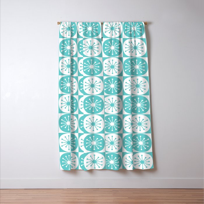 Mid Century Modern Retro Checkered Atomic Dots Pattern in Medium Turquoise and White Window Curtain Gallery Image 3