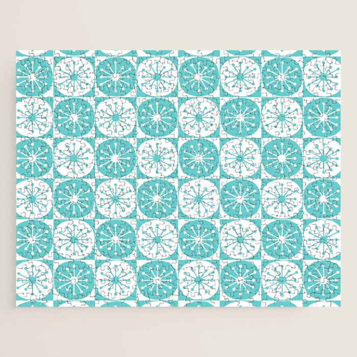 Mid Century Modern Retro Checkered Atomic Dots Pattern in Medium Turquoise and White Jigsaw Puzzle Gallery Image 1