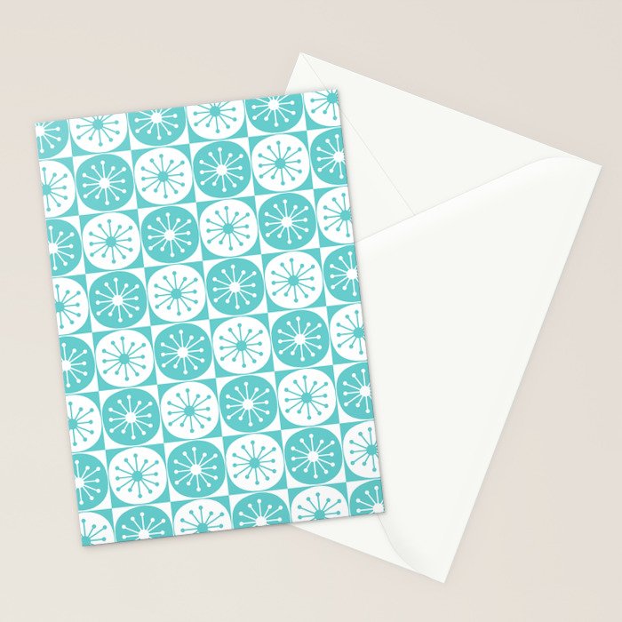 Mid Century Modern Retro Checkered Atomic Dots Pattern in Medium Turquoise and White Stationery Card Gallery Image 2