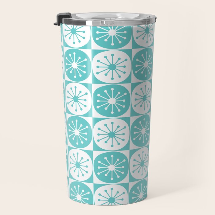 Mid Century Modern Retro Checkered Atomic Dots Pattern in Medium Turquoise and White Travel Mug Gallery Image 3