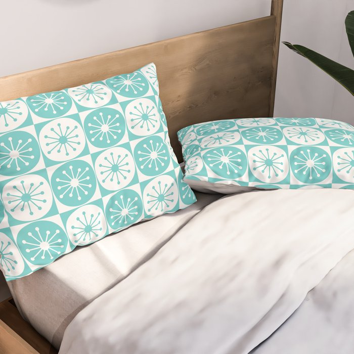 Mid Century Modern Retro Checkered Atomic Dots Pattern in Medium Turquoise and White Pillow Sham Gallery Image 2