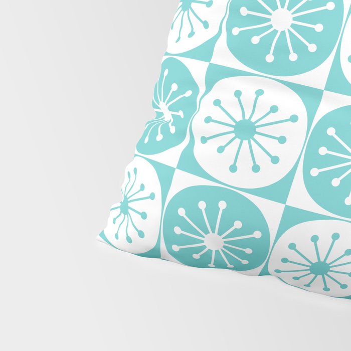 Mid Century Modern Retro Checkered Atomic Dots Pattern in Medium Turquoise and White Pillow Sham Gallery Image 4