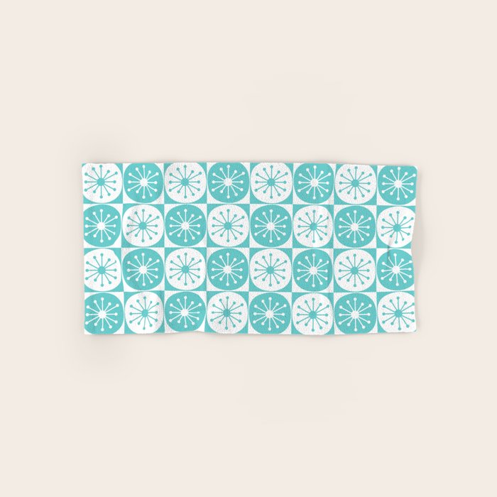 Mid Century Modern Retro Checkered Atomic Dots Pattern in Medium Turquoise and White Bath Towel Gallery Image 1