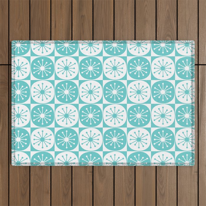 Mid Century Modern Retro Checkered Atomic Dots Pattern in Medium Turquoise and White Outdoor Rug Gallery Image 1