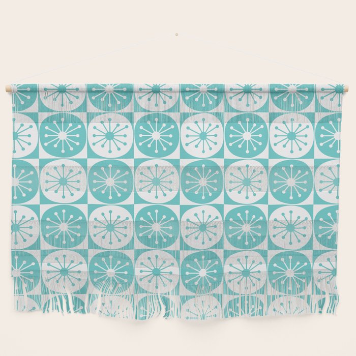 Mid Century Modern Retro Checkered Atomic Dots Pattern in Medium Turquoise and White Wall Hanging Gallery Image 1