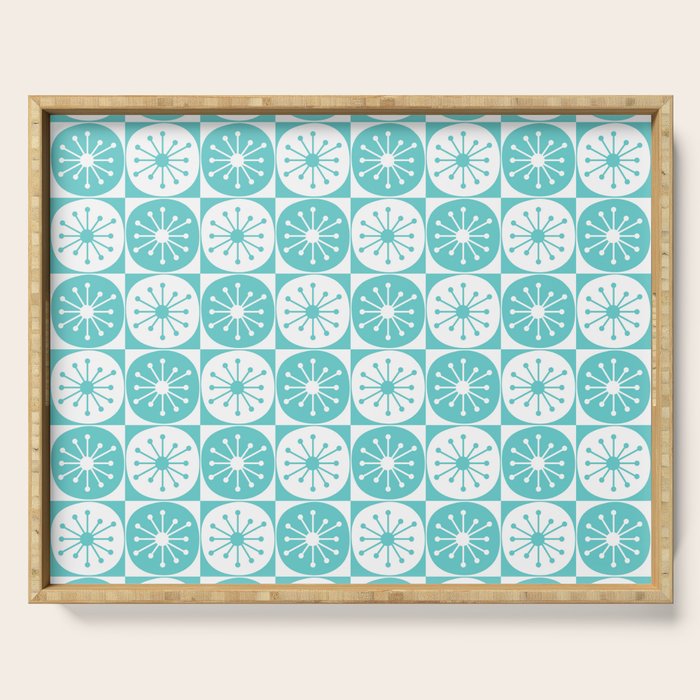 Mid Century Modern Retro Checkered Atomic Dots Pattern in Medium Turquoise and White Serving Tray Gallery Image 1