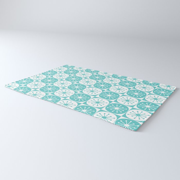 Mid Century Modern Retro Checkered Atomic Dots Pattern in Medium Turquoise and White Rug Gallery Image 3