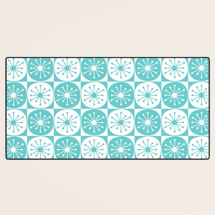 Mid Century Modern Retro Checkered Atomic Dots Pattern in Medium Turquoise and White Desk Mat Gallery Image 3