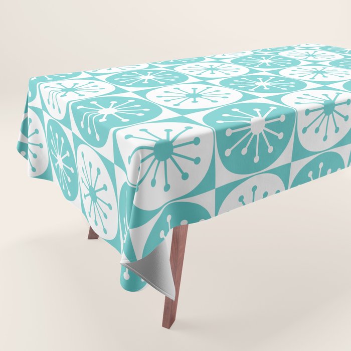 Mid Century Modern Retro Checkered Atomic Dots Pattern in Medium Turquoise and White Tablecloth Gallery Image 1