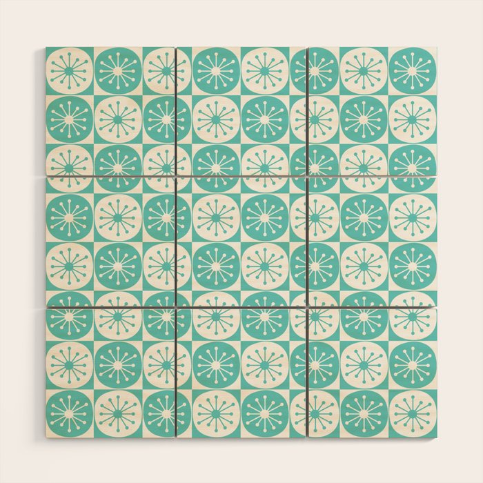 Mid Century Modern Retro Checkered Atomic Dots Pattern in Medium Turquoise and White Wood Wall Art Gallery Image 1