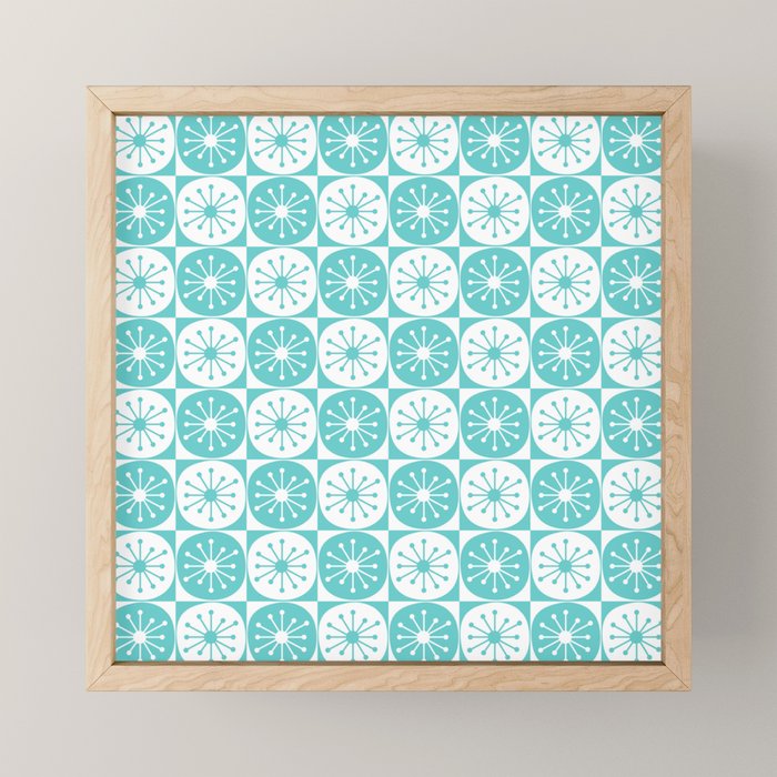 Mid Century Modern Retro Checkered Atomic Dots Pattern in Medium Turquoise and White Mini Art Print Gallery Image 1