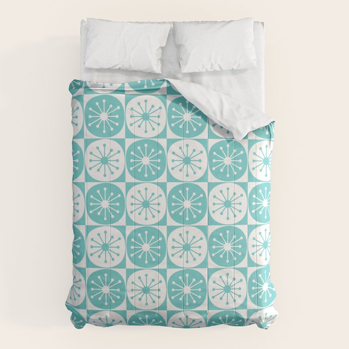 Mid Century Modern Retro Checkered Atomic Dots Pattern in Medium Turquoise and White Comforter Gallery Image 6