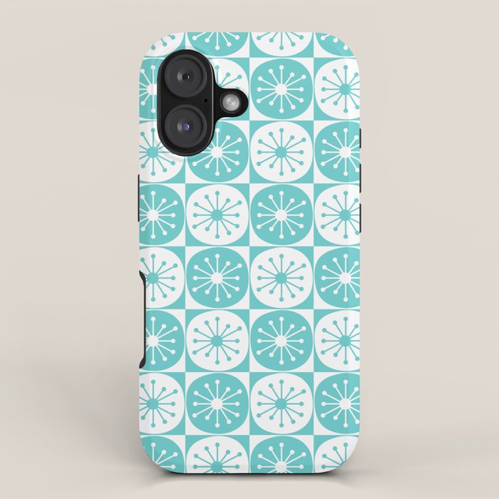 Mid Century Modern Retro Checkered Atomic Dots Pattern in Medium Turquoise and White iPhone Case Gallery Image 1