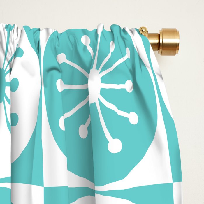 Mid Century Modern Retro Checkered Atomic Dots Pattern in Medium Turquoise and White Window Curtain Gallery Image 2