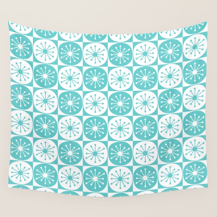 Mid Century Modern Retro Checkered Atomic Dots Pattern in Medium Turquoise and White Wall Tapestry Gallery Image 1