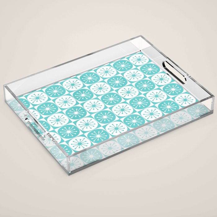 Mid Century Modern Retro Checkered Atomic Dots Pattern in Medium Turquoise and White Acrylic Tray Gallery Image 1