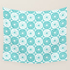 Mid Century Modern Retro Checkered Atomic Dots Pattern in Medium Turquoise and White Wall Tapestry Gallery Image 4