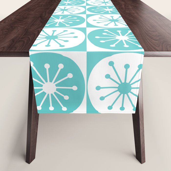 Mid Century Modern Retro Checkered Atomic Dots Pattern in Medium Turquoise and White Table Runner Gallery Image 1