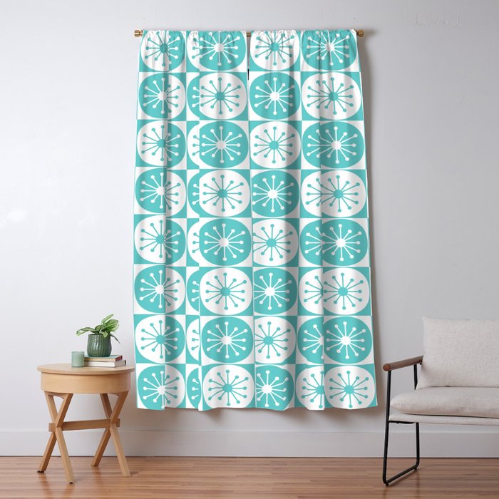Mid Century Modern Retro Checkered Atomic Dots Pattern in Medium Turquoise and White Window Curtain Gallery Image 5