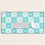 Mid Century Modern Retro Checkered Atomic Dots Pattern in Medium Turquoise and White Desk Mat Gallery Image 1