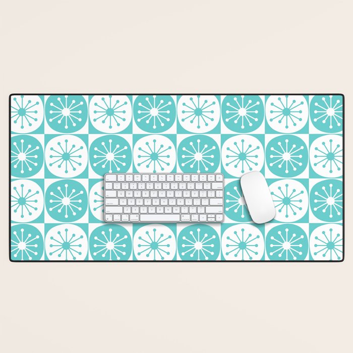 Mid Century Modern Retro Checkered Atomic Dots Pattern in Medium Turquoise and White Desk Mat Gallery Image 1
