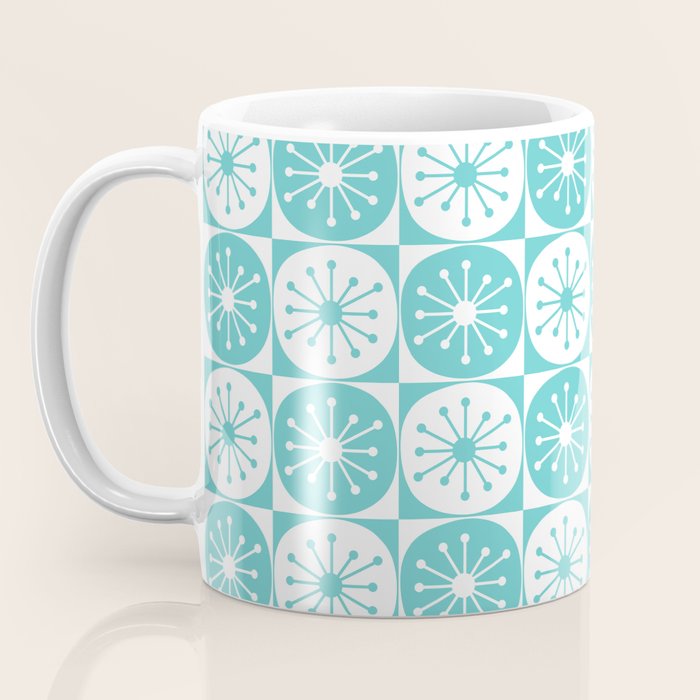 Mid Century Modern Retro Checkered Atomic Dots Pattern in Medium Turquoise and White Coffee Mug Gallery Image 3