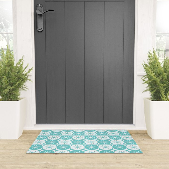 Mid Century Modern Retro Checkered Atomic Dots Pattern in Medium Turquoise and White Welcome Mat Gallery Image 3