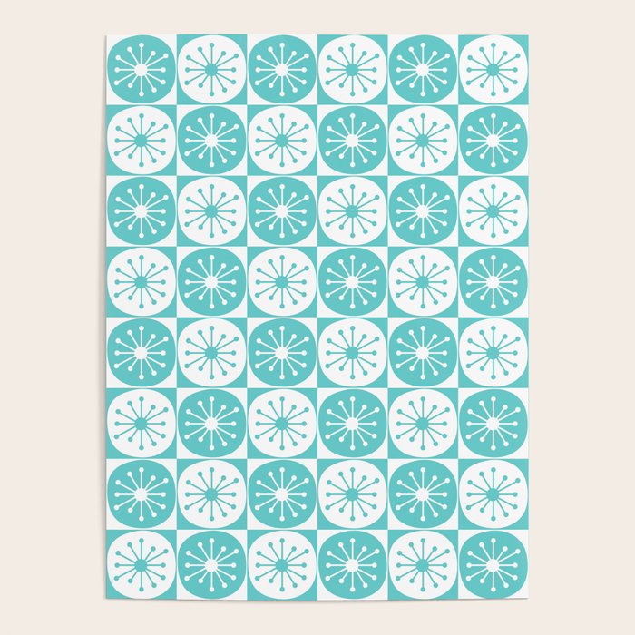 Mid Century Modern Retro Checkered Atomic Dots Pattern in Medium Turquoise and White Poster Gallery Image 4