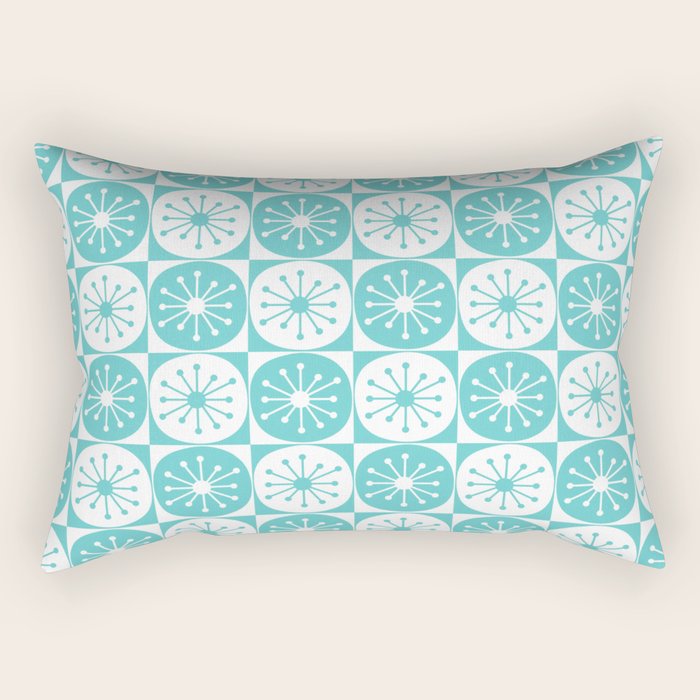 Mid Century Modern Retro Checkered Atomic Dots Pattern in Medium Turquoise and White Rectangular Pillow Gallery Image 1