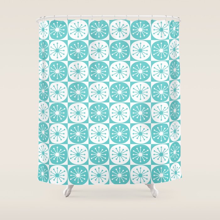 Mid Century Modern Retro Checkered Atomic Dots Pattern in Medium Turquoise and White Shower Curtain Gallery Image 1