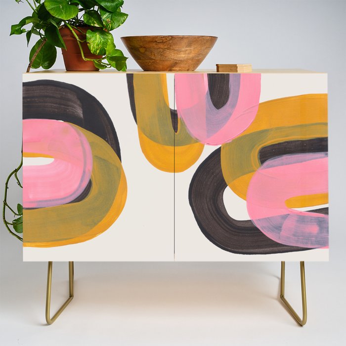 Hills Mid Century Modern Minimalist Fun Colorful Abstract Shapes Pink Yellow Black by Ejaaz Haniff Credenza Gallery Image 1