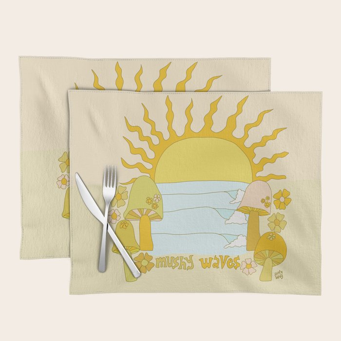 mushy waves mushroom retro surf art by surfy birdy Placemat Gallery Image 1
