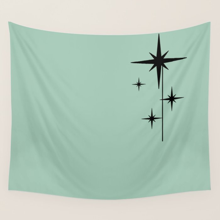 1950s Atomic Age Retro Starbursts in Aqua Mint and Black Wall Tapestry Gallery Image 1