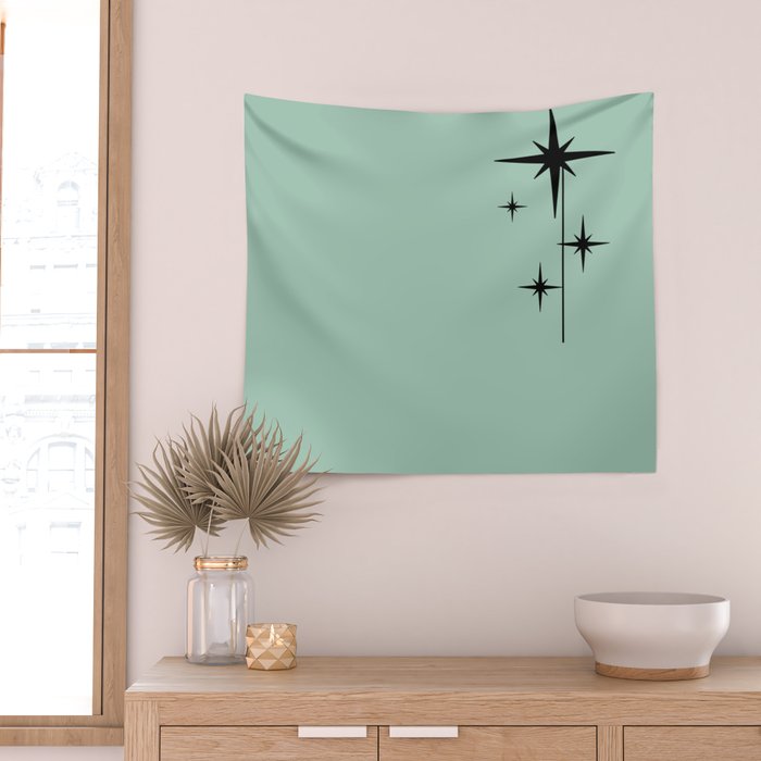 1950s Atomic Age Retro Starbursts in Aqua Mint and Black Wall Tapestry Gallery Image 2