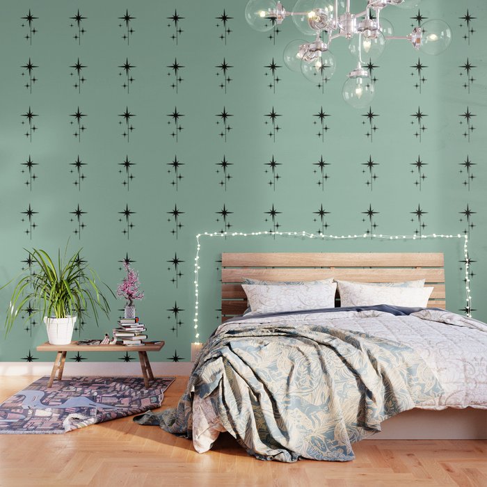 1950s Atomic Age Retro Starbursts in Aqua Mint and Black Wallpaper Gallery Image 1