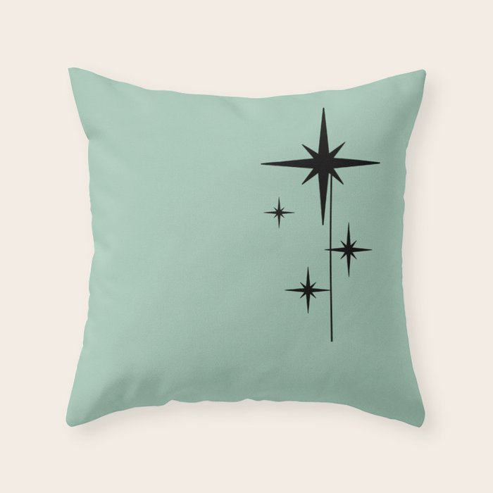 1950s Atomic Age Retro Starbursts in Aqua Mint and Black Throw Pillow Gallery Image 1