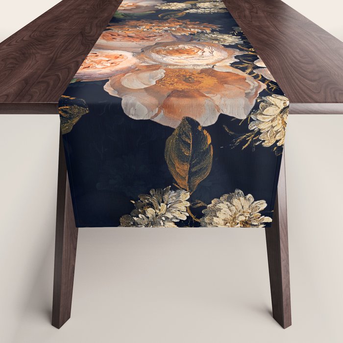 Antique Botanical Peach Roses And Chamomile Midnight Garden Table Runner Gallery Image 1