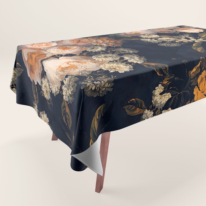 Antique Botanical Peach Roses And Chamomile Midnight Garden Tablecloth Gallery Image 1