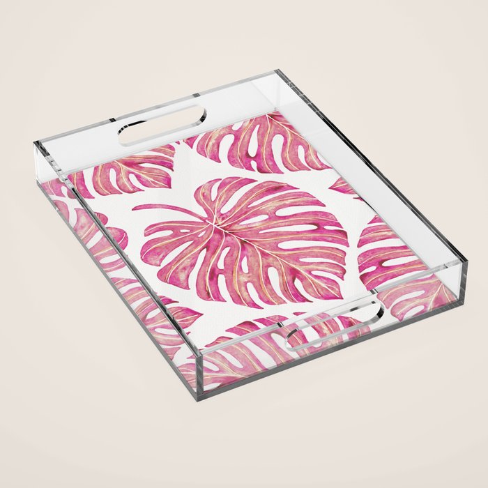 Watercolor Palm Leaves - Bright Pink Acrylic Tray Gallery Image 1