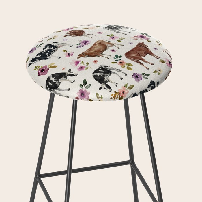 Boho Floral Cow Print with Purple flowers on Cream Stool Gallery Image 2