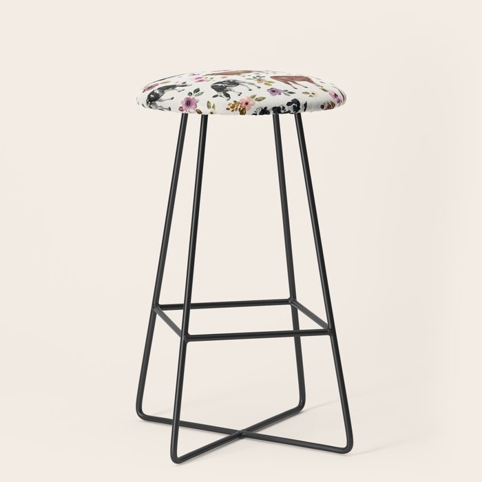 Boho Floral Cow Print with Purple flowers on Cream Stool Gallery Image 1